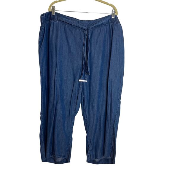 Calvin Klein Womens 3X Cropped Pants Blue Chambray Lyocell Self Tie Belt Pockets - Picture 1 of 5